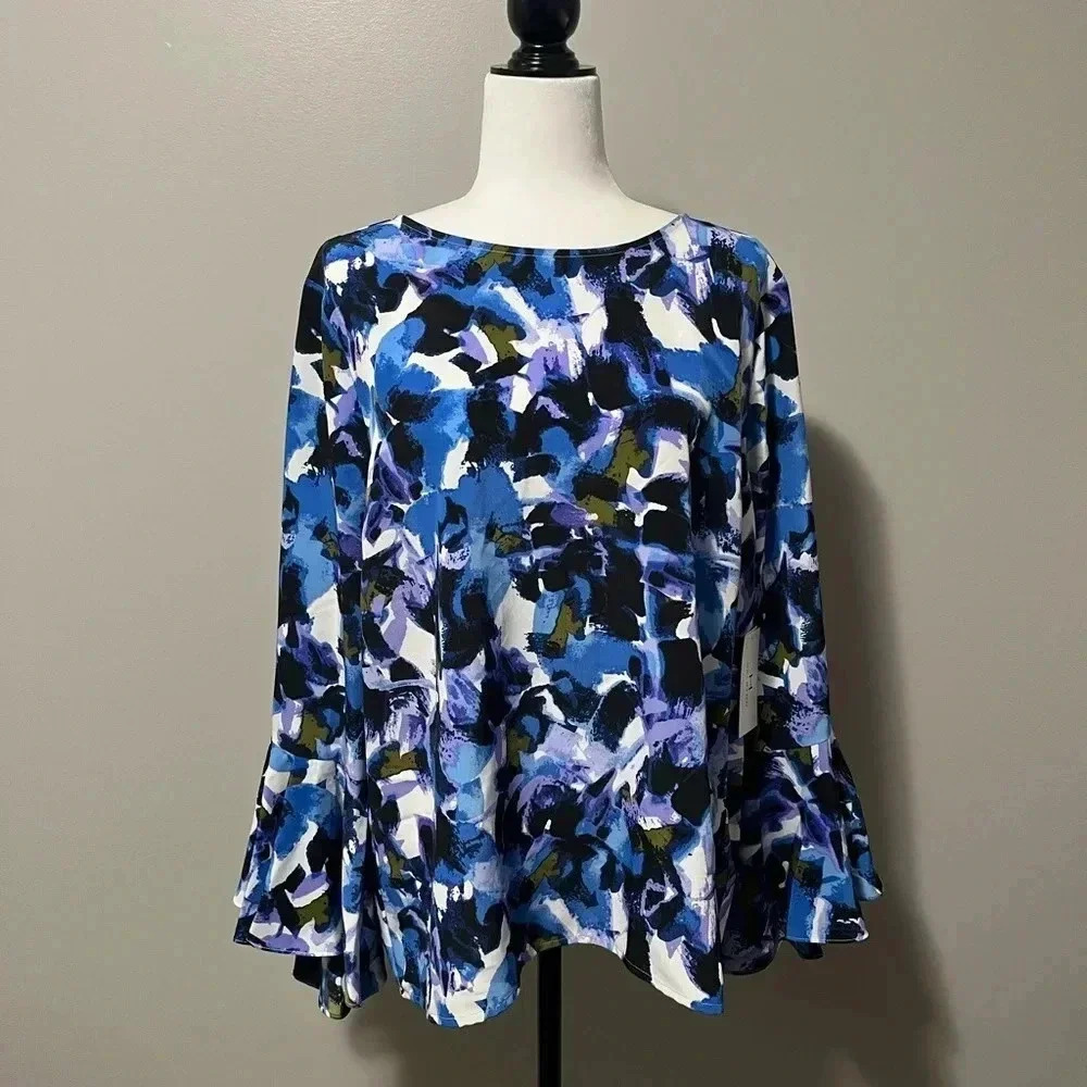 H by Halston Long Bell Sleeve Blue Floral  Print Blouse